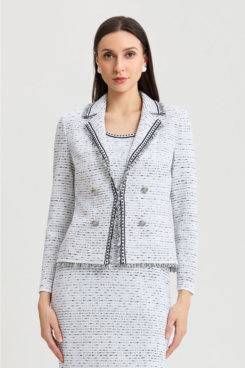 Heritage Eyelash Trim Lapel Collar Knit Jacket, Main, color, White/Indigo
