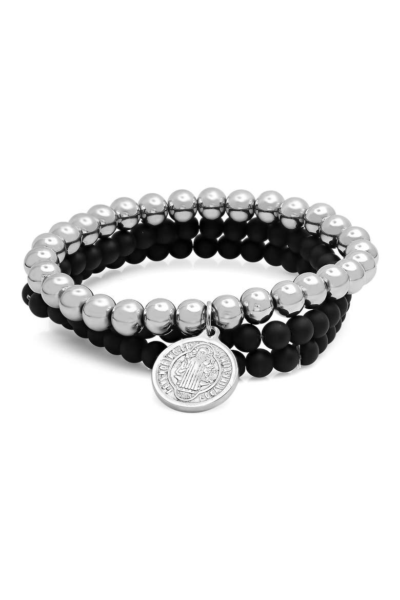Men's Set of 3 Beaded Stretch Bracelets, Main, color, BLACK