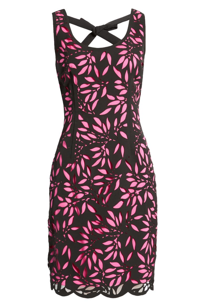 Laser Cut Lace Sheath Dress, Alternate, color, BLACK/ FUCHSIA