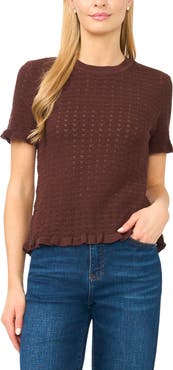 Halogen® Ruffle Trim Pointelle Stitch Short Sleeve Sweater
