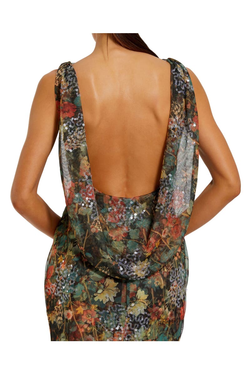 Mac Duggal High Neck Printed Mesh Cowl Back Column Gown, Alternate, color, Charcoal Multi