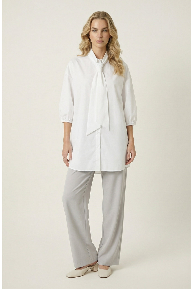 Tie Neck Button Front Tunic Shirt, Alternate, color, White