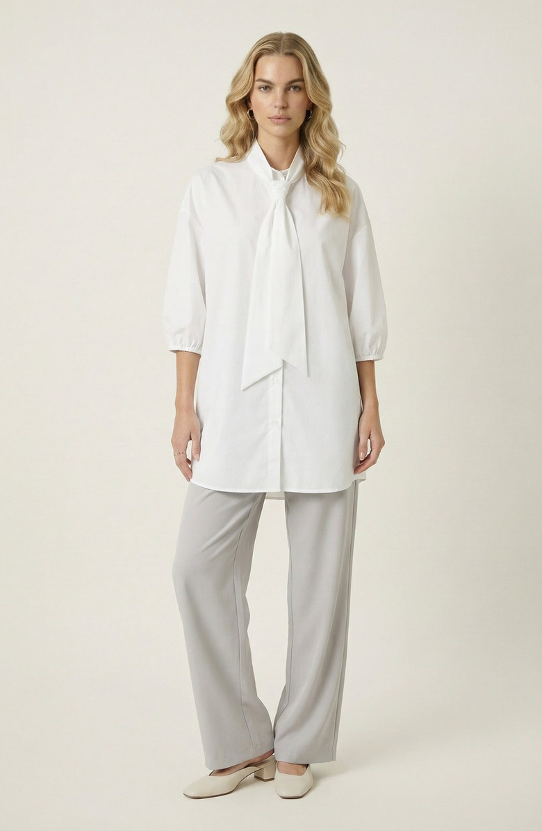 Modenaire Tie Neck Button Front Tunic Shirt, Alternate, color, White