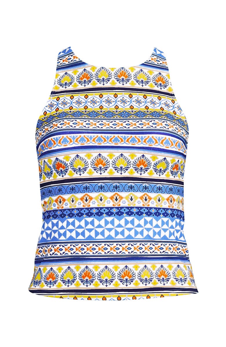Lands' End D-Cup Tugless High Neck Strappy Back Tankini Swimsuit Top, Alternate, color, White Mosaic Multi Stripe