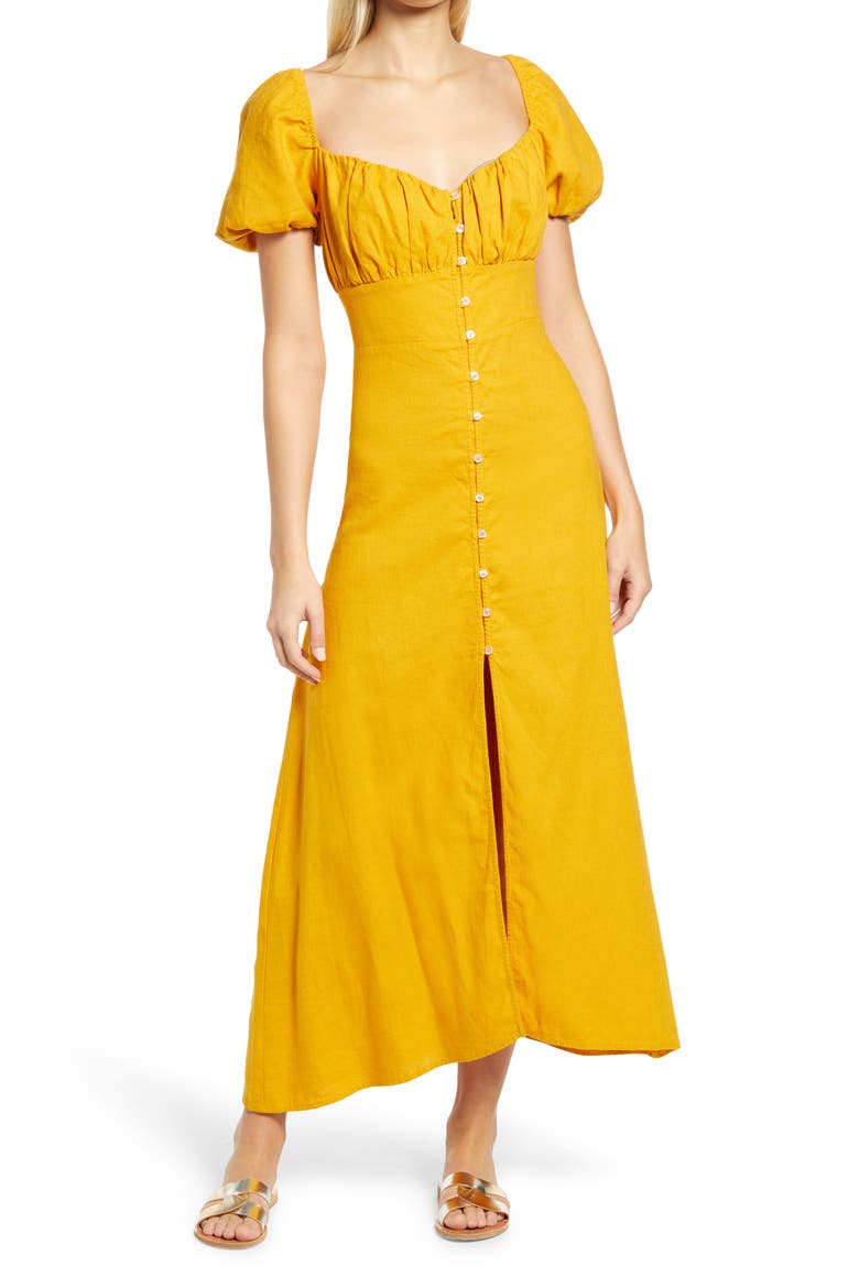 Women's Puff Sleeve Button Midi Dress, Main, color, MUSTARD