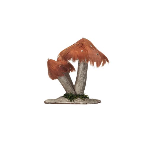 Foam & Feather Mushroom with Gold Glitter & Faux Moss, Rust