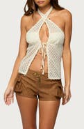 EDIKTED Sheer Net Sequin Split Front Top