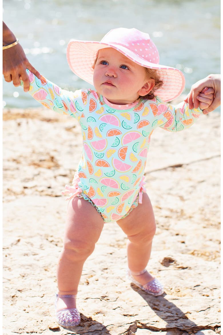 Squeeze the Day One-Piece Rashguard Swimsuit & Reversible Sun Hat Set, Alternate, color, PINK
