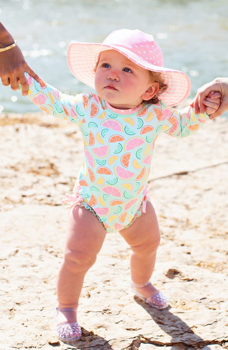 RuffleButts Squeeze the Day One-Piece Rashguard Swimsuit & Reversible Sun Hat Set, Alternate, color, 