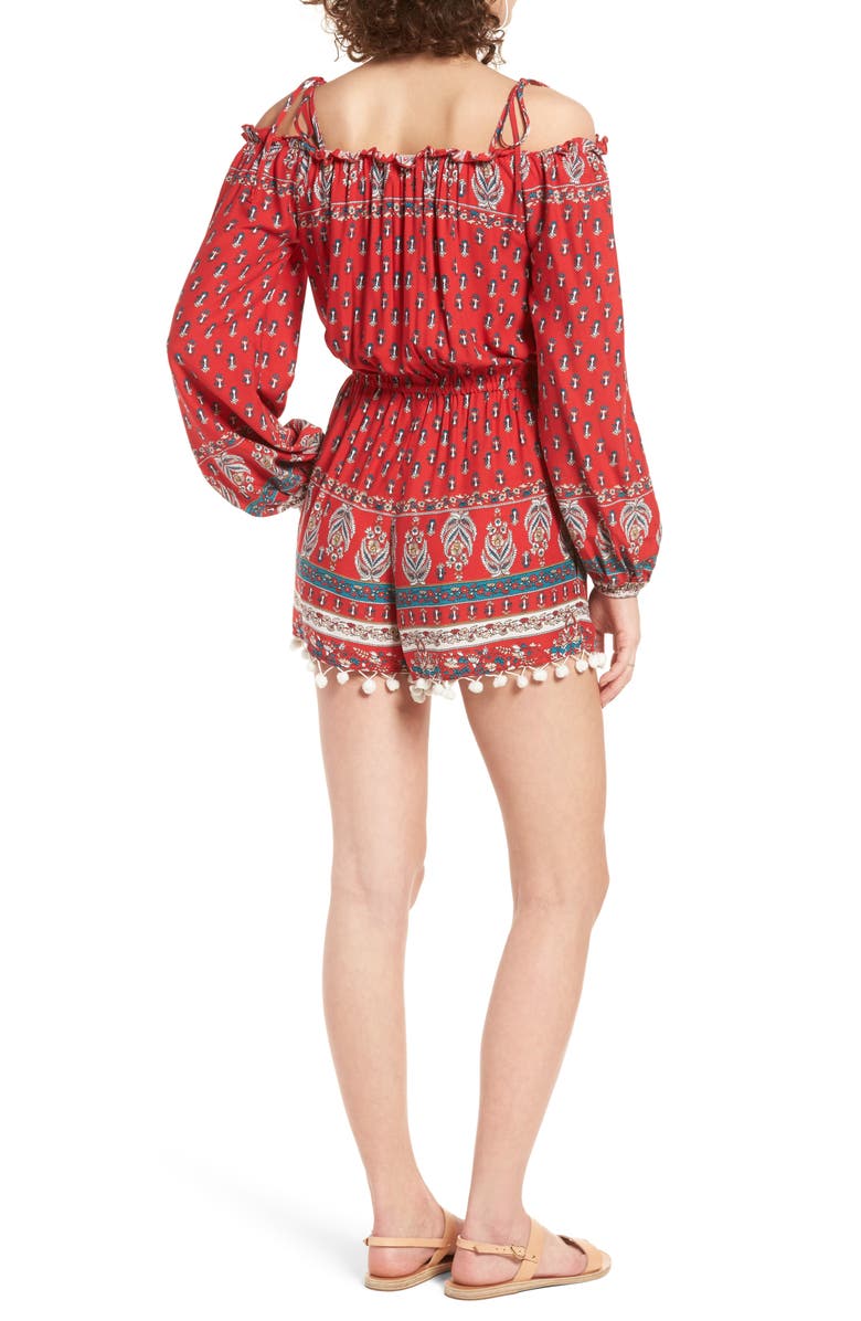 Band of Gypsies Print Pompom Cold Shoulder Romper, Alternate, color, 