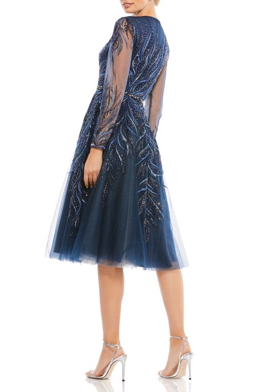 Mac Duggal Embellished Tea-length Illusion Cocktail Dress In Blue