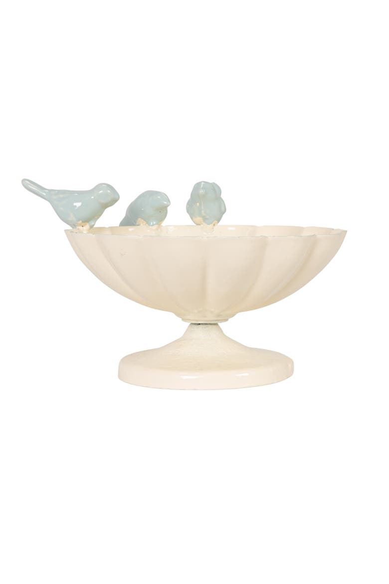 Decorative Metal Scalloped Bowl with 3D Birds on Rim, Antique White and Blue, Alternate, color, White