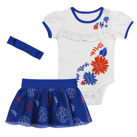 Newborn White/Royal New York Mets Sweet Catcher 3-Piece Bodysuit, Headband and Skirt Set