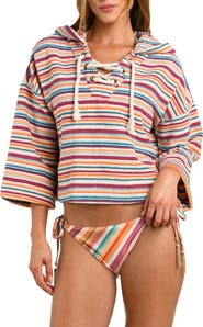 L'AGENCE Lee Watercolor Stripe Crop Cotton Terry Cover-Up Poncho