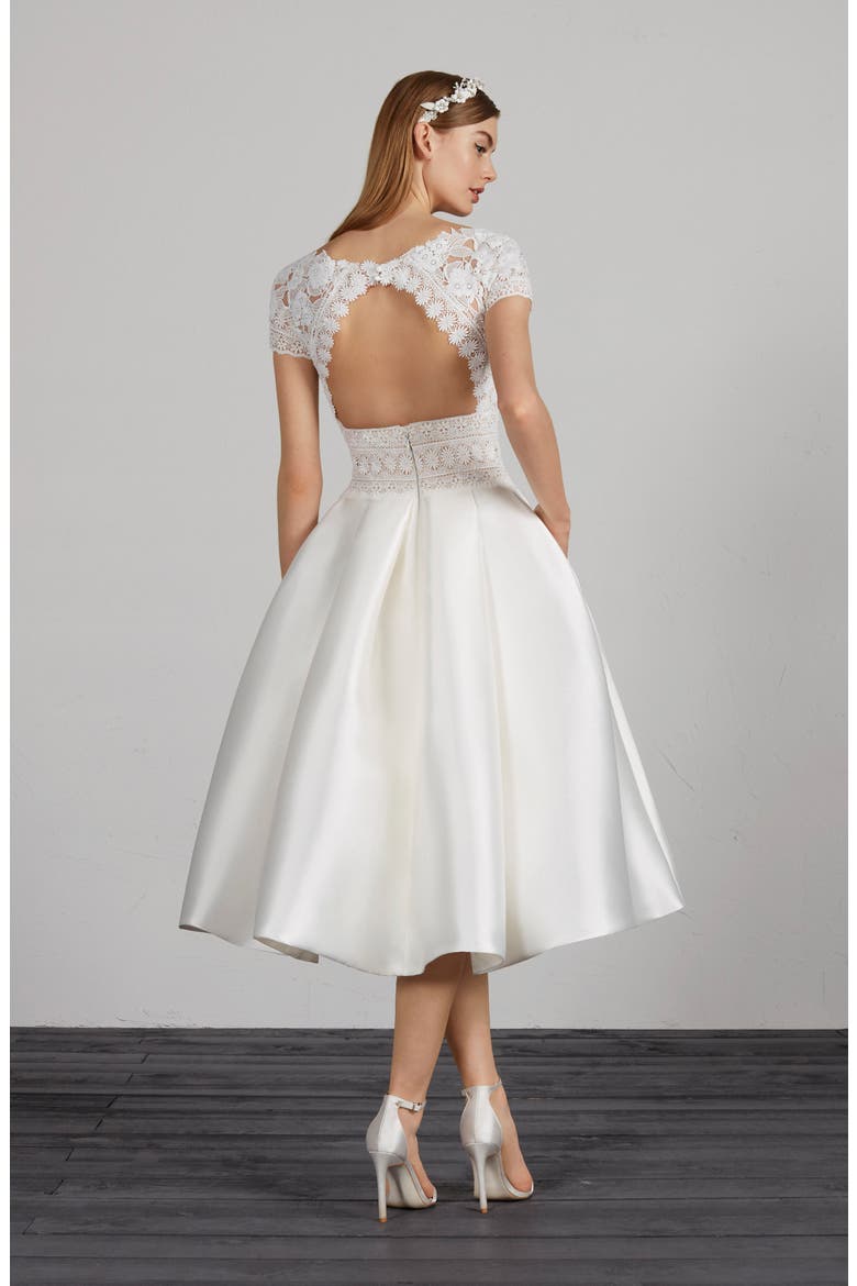 Miami Lace & Mikado Tea Length Dress, Alternate, color, OFF WHITE/ CRST/ ND