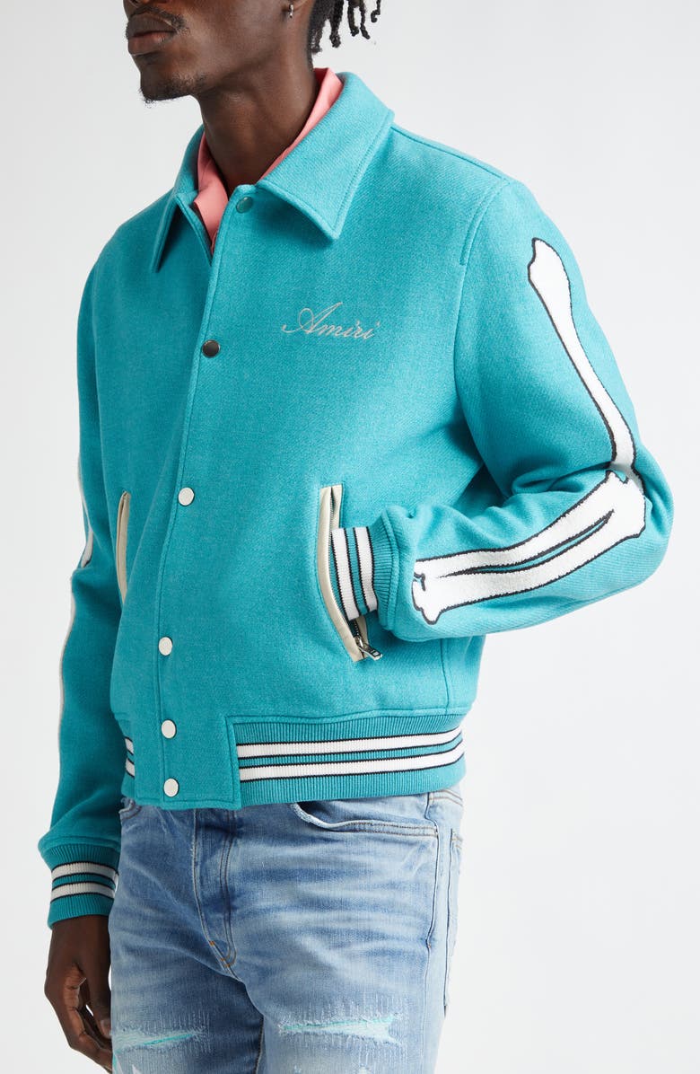 AMIRI Bones Wool Blend Varsity Jacket, Alternate, color, Sea Blue