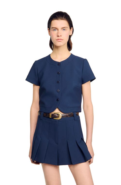 Sandro Rounded Hem Buttoned Crop Top In Blue