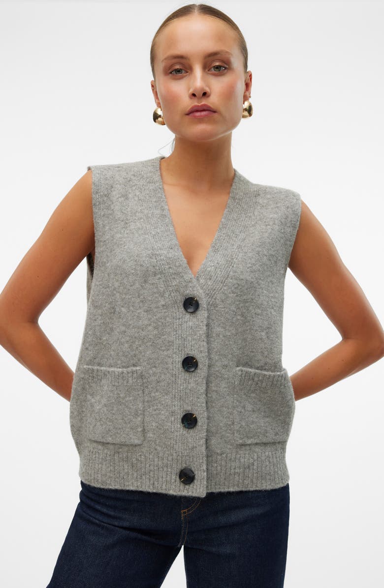 VERO MODA Clio V-Neck Button Front Vest, Alternate, color, Medium Grey Melange