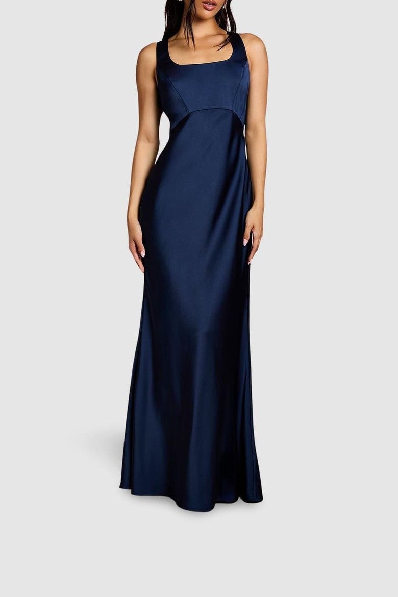Square Neck Satin Bow Dress, Alternate, color, Navy