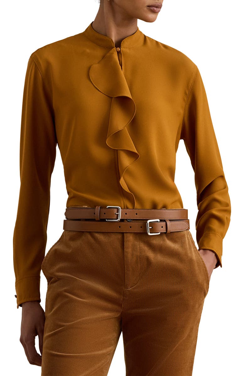 Lauren Ralph Lauren Ruffle Trimmed Georgette Tunic, Main, color, Cinnamon Bark