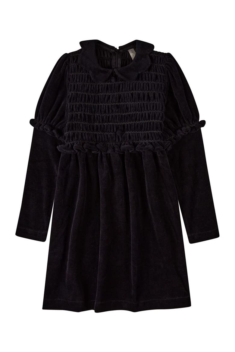 Velour Smocked Below-Knee Long Midi Dress, Main, color, Black