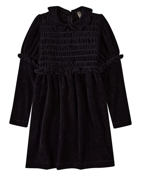 Velour Smocked Below-Knee Long Midi Dress