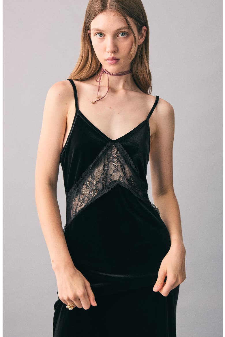 Lace Trim Velvet Maxi Dress, Alternate, color, BLACK