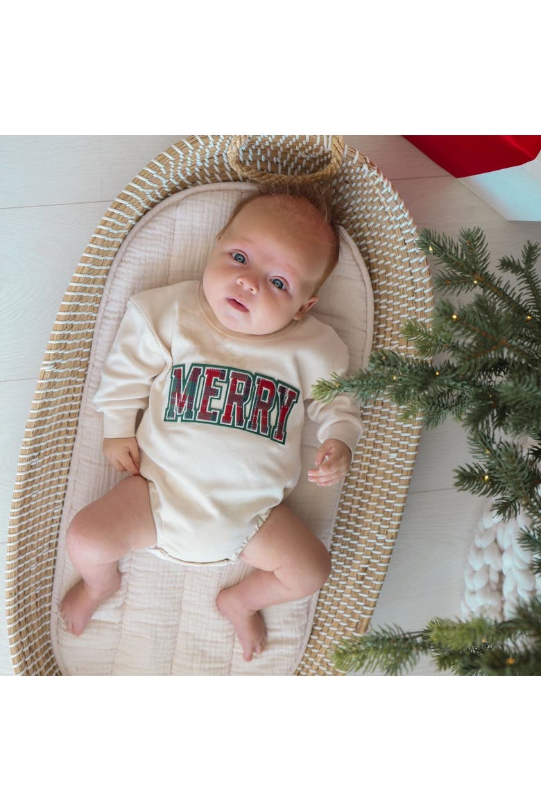 Merry Tartan Patch Christmas Long Sleeve Romper, Alternate, color, Natural