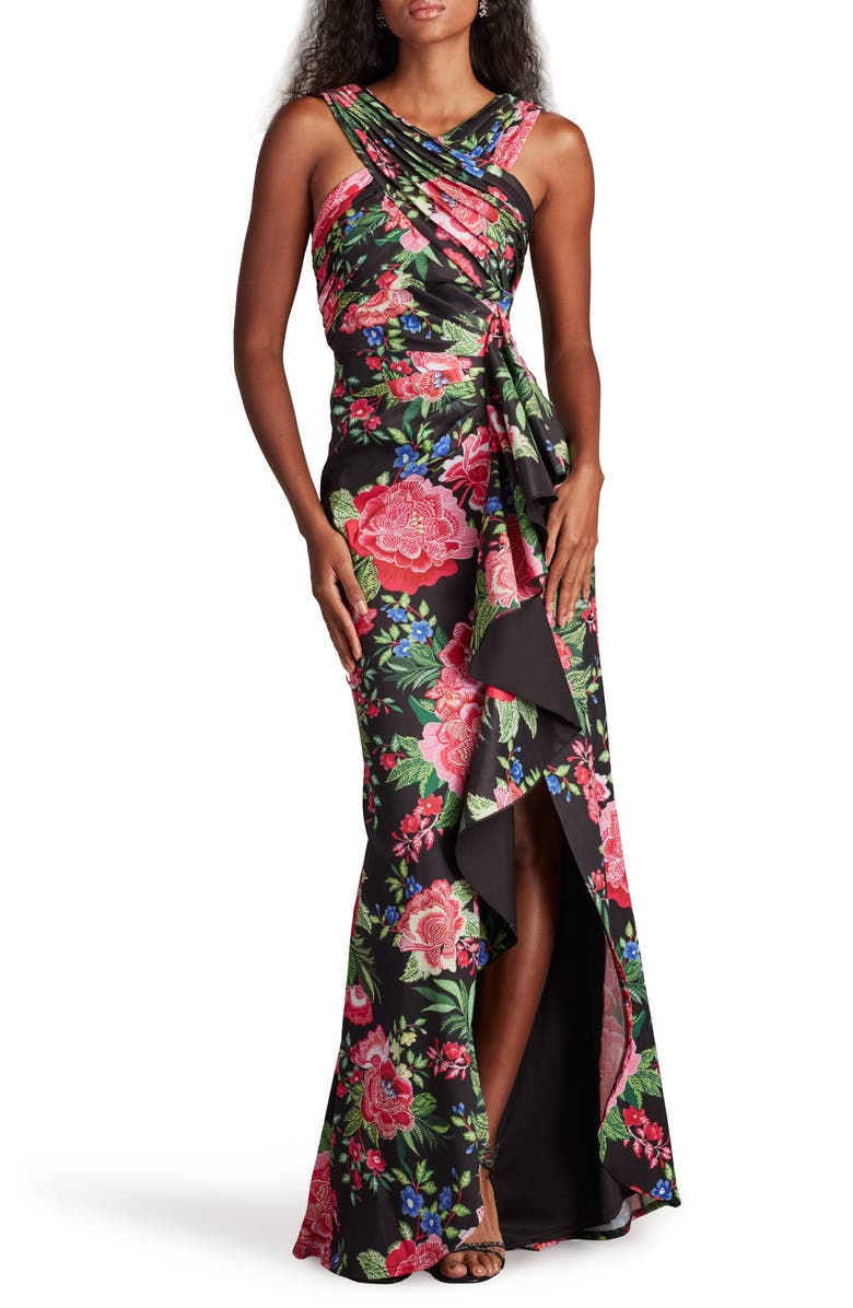Tadashi Shoji Twist Front Pleated Mermaid Gown, Main, color, Black/ Fuchsia Floral