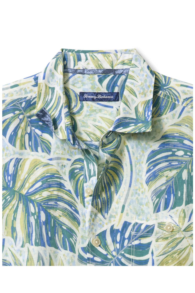 Sand Monstera Print Short Sleeve Linen Blend Button-Up Shirt, Alternate, color, BLUE WHISPER