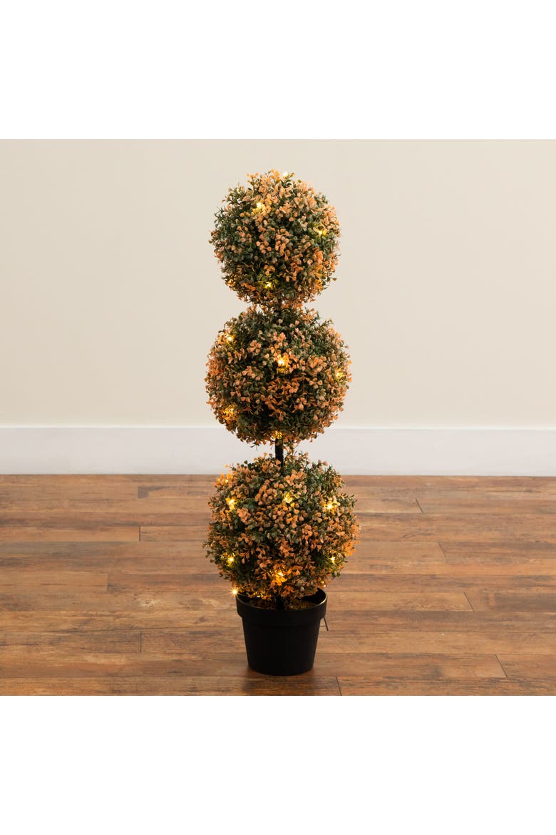3-ft UV Resistant Autumn Triple Ball Boxwood Artificial Fall Topiary Tree with 30 Warm White LED Lights, Alternate, color, Green