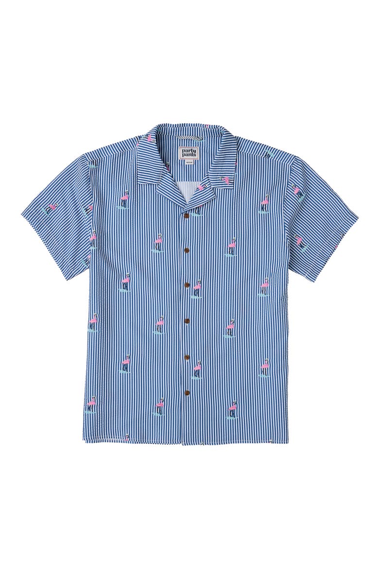 Mingo Weekender Stripe Flamingo Print Seersucker Camp Shirt, Main, color, INDIGO