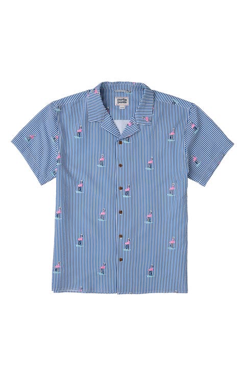 Mingo Weekender Stripe Flamingo Print Seersucker Camp Shirt