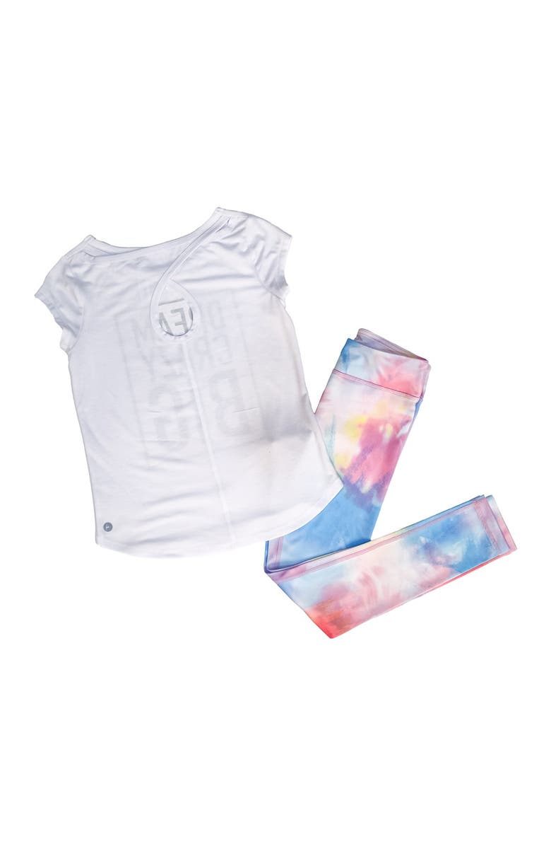 90 DEGREE BY REFLEX Girls' High Low Short Sleeve Top & Printed Legging Set, Main, color,