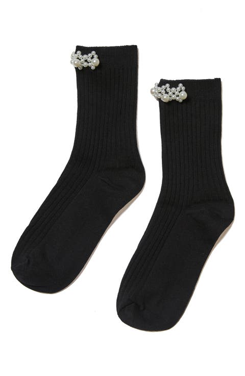 Faux Pearl Cluster Rib Crew Socks