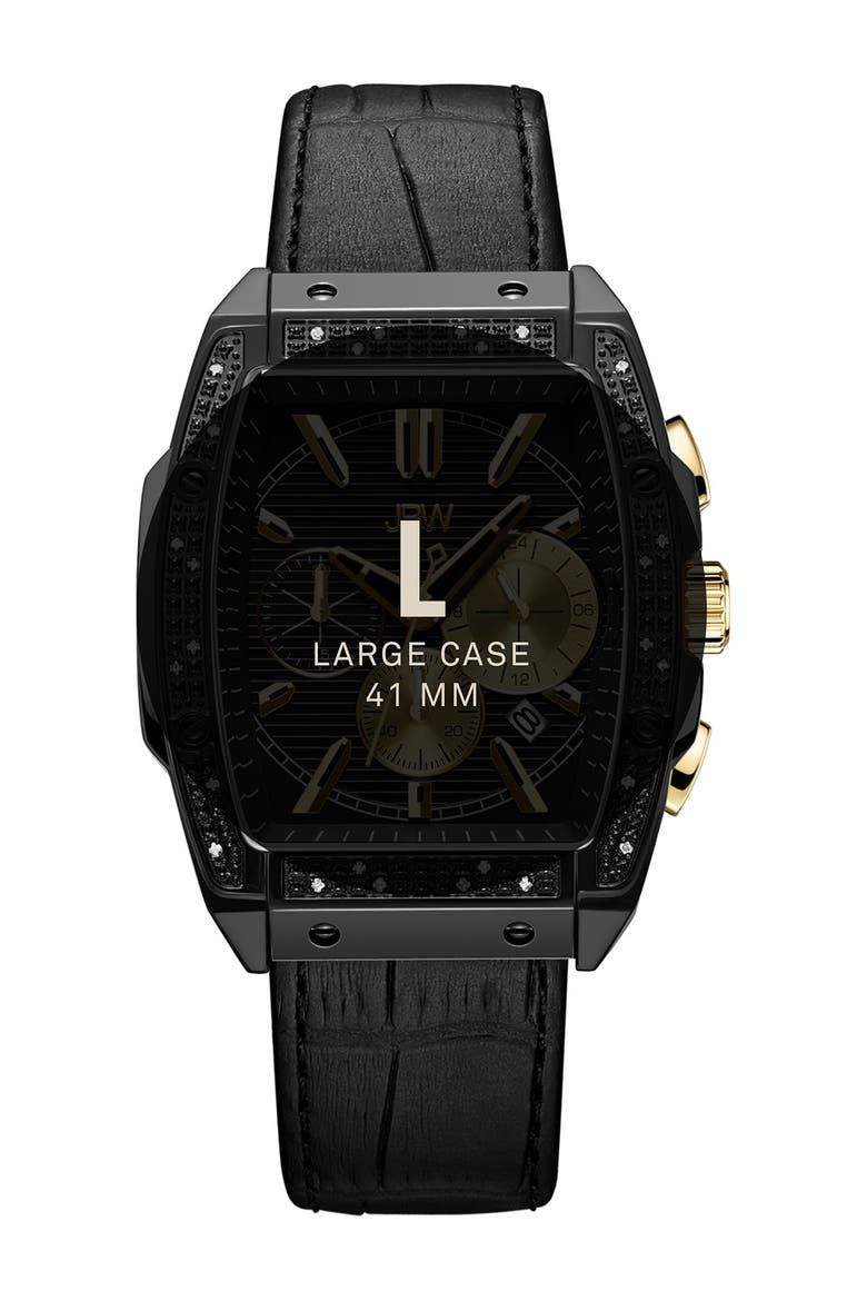 Echelon Diamond Chronograph Croc Embossed Leather Strap Watch, 41mm, Alternate, color, BLACK