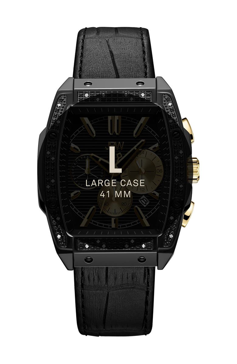 JBW Echelon Diamond Chronograph Croc Embossed Leather Strap Watch, 41mm, Alternate, color, Black