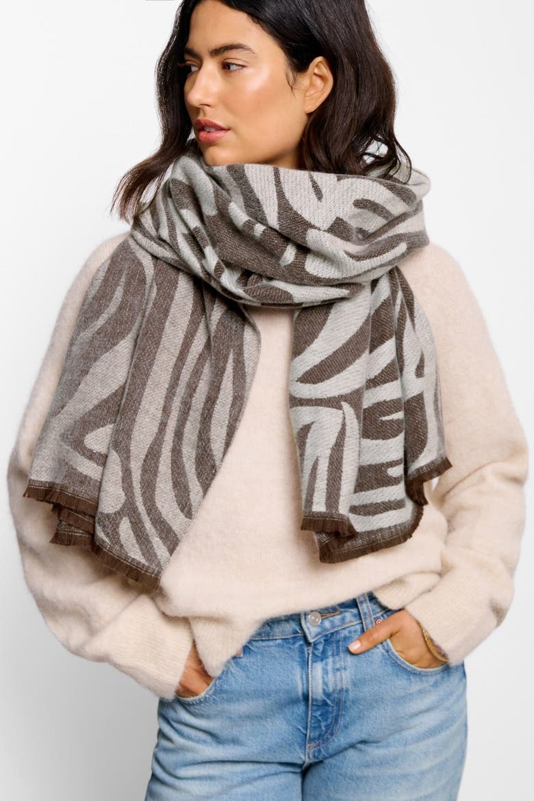 Zebra Printed Blanket Scarf, Alternate, color, BROWN