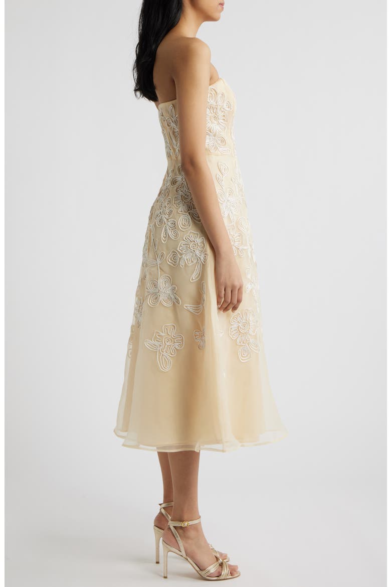 Soutache Embroidery Strapless Organza Cocktail Midi Dress, Alternate, color, MAIZE