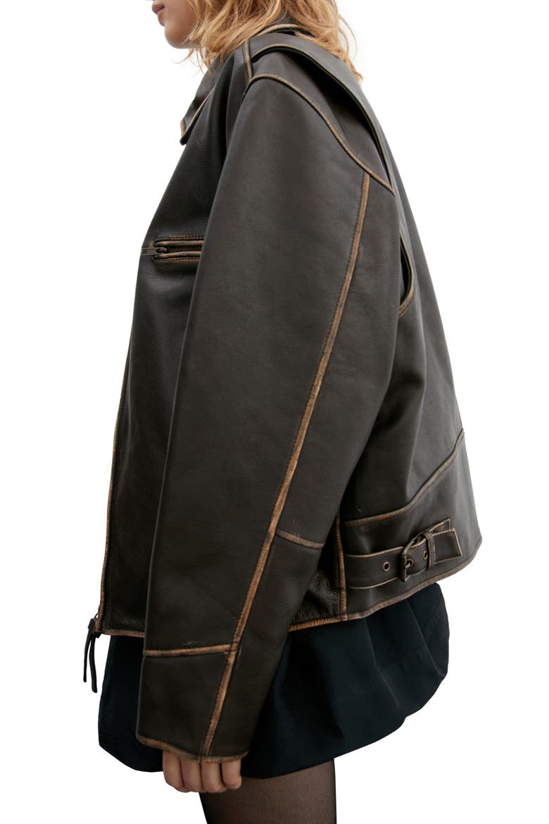 Oversize Distressed Leather Jacket, Alternate, color, BROWN