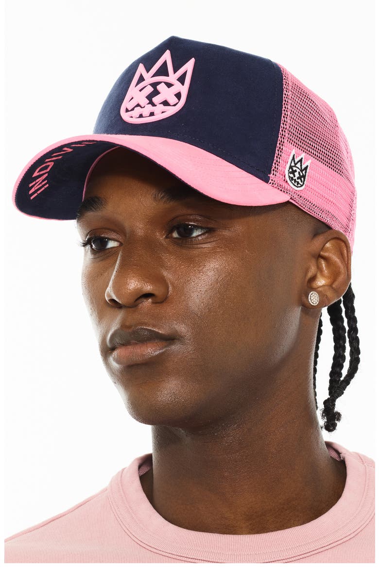 Logo Mesh Back Suede Trucker Hat, Alternate, color, MIDNIGHT BLUE
