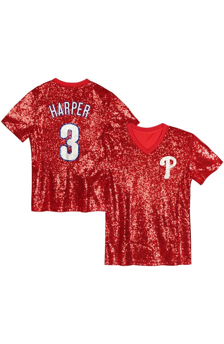 Outerstuff Juniors Bryce Harper Red Philadelphia Phillies Name & Number Sequin V-Neck Top, Alternate, color, Red