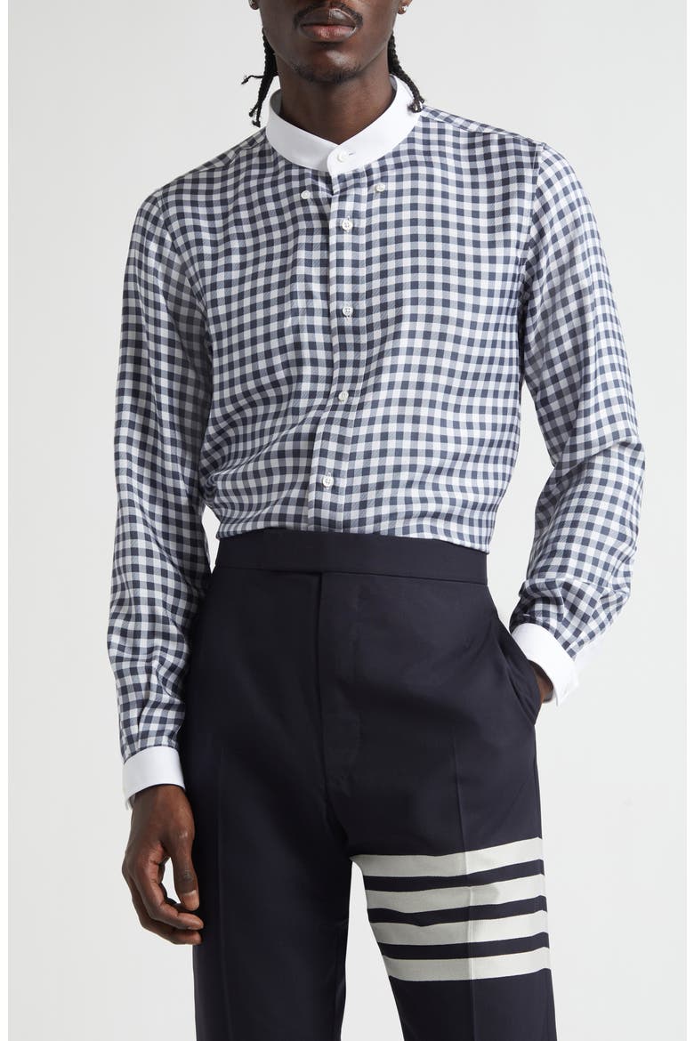 Gingham Straight Fit Convertible Silk Twill Button-Down Shirt, Alternate, color, NAVY