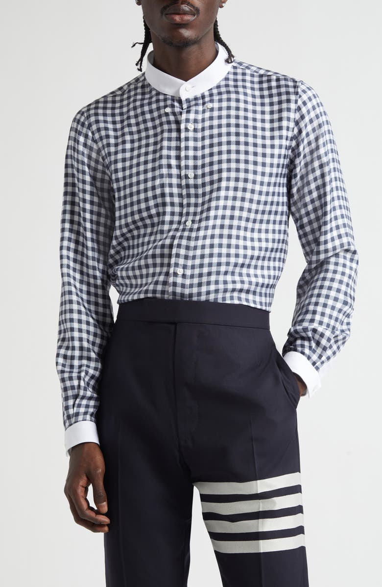 Thom Browne Gingham Straight Fit Convertible Silk Twill Button-Down Shirt, Alternate, color, Navy