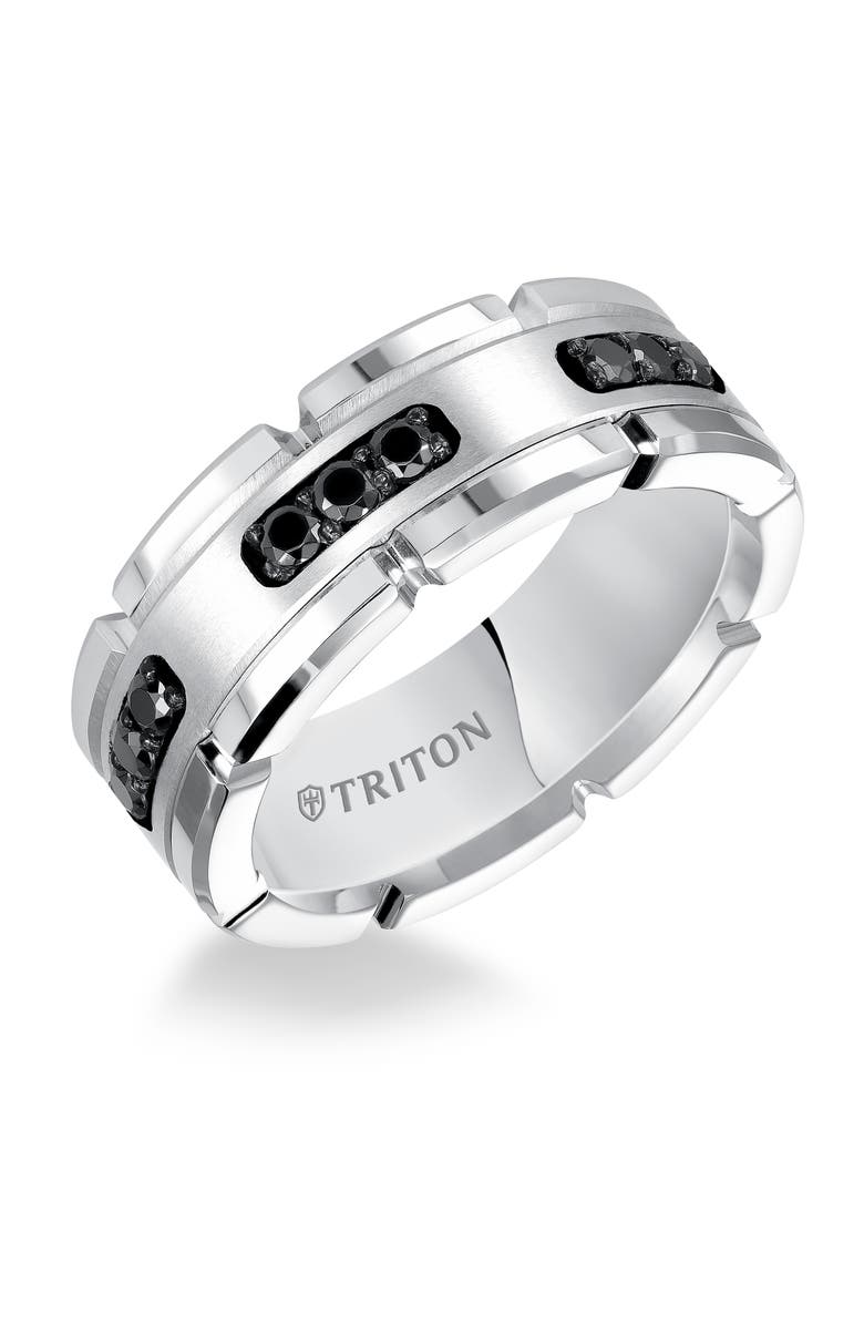 Triton 8mm White Tungsten Carbide Link Edge Ring with Black Diamonds, Satin Finish, Main, color, Metallic Silver