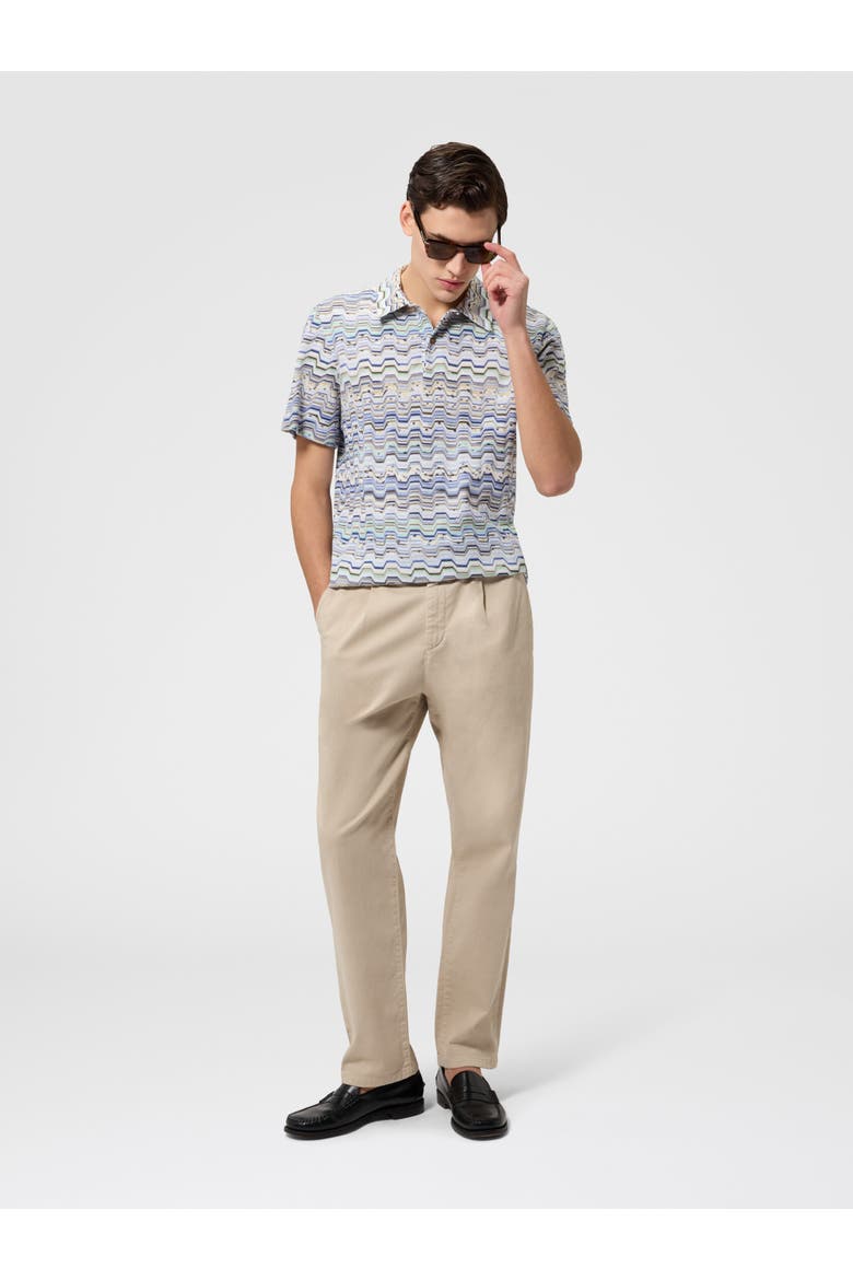 Cotton Polo Shirt With Raschel Knit And Greek Motif, Alternate, color, Light Blue