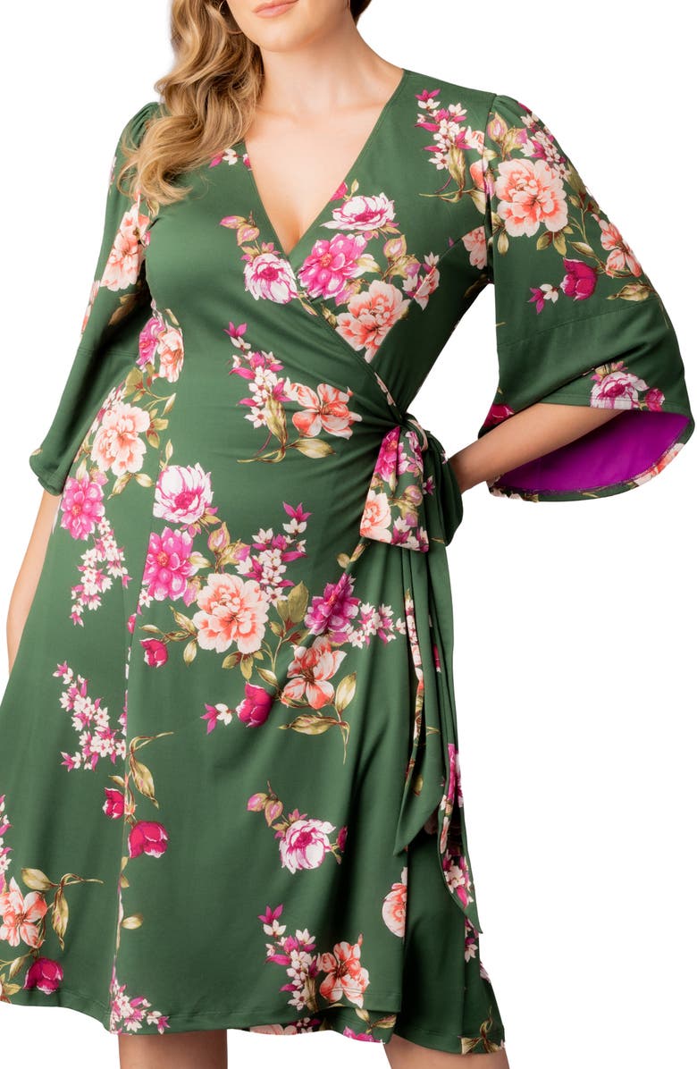 Kiyonna Gemini Floral Bell Sleeve Wrap Dress, Alternate, color, Green Floral Print