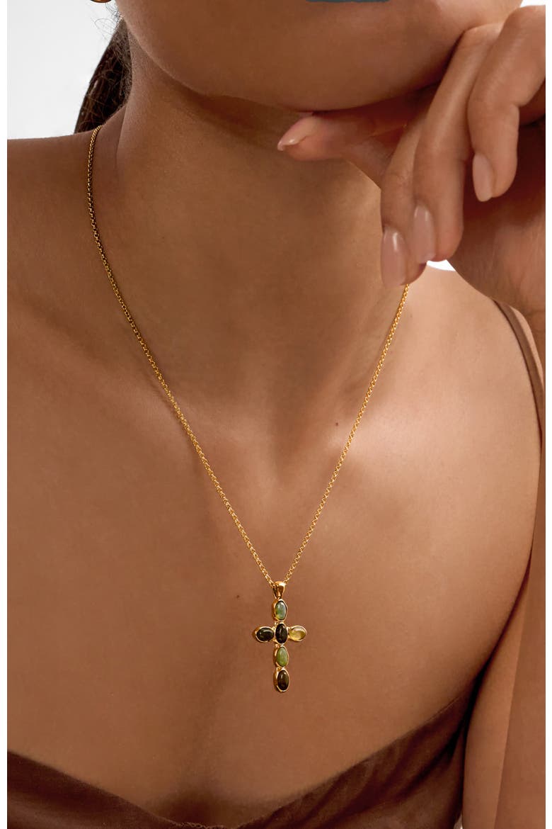 Green Agate Cross Necklace, Alternate, color, Gold Coated