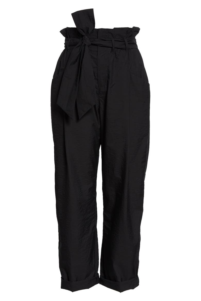 Paperbag Waist Crinkled Cotton Blend Ankle Pants, Alternate, color, BLACK