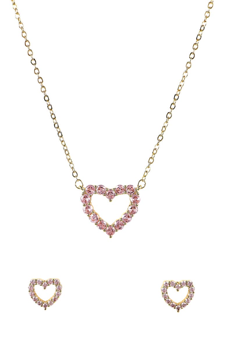 Danecraft Pink Cubic Zirconia Heart Necklace & Stud Earrings Set, Alternate, color, Metallic Gold